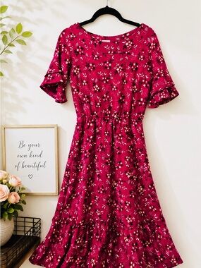Valentina Sirrah Pink Floral Ruffle Sleeve Fit & Flare Dress